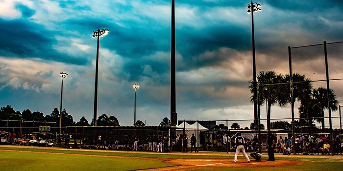 A ballpark at dusk during international competition in Jupiter, Florida